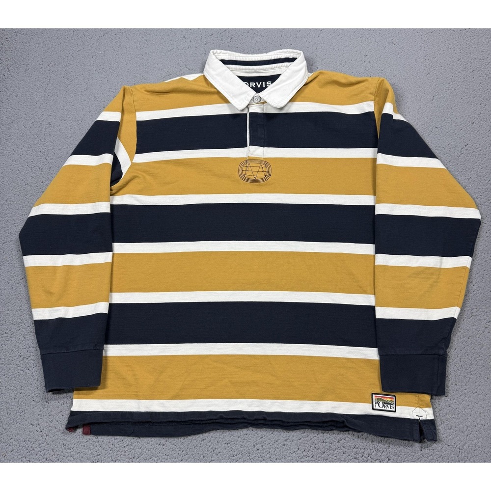 Orvis Rugby Polo Shirt Mens Large Gold Navy Stripe Long Sleeve Cotton Casual